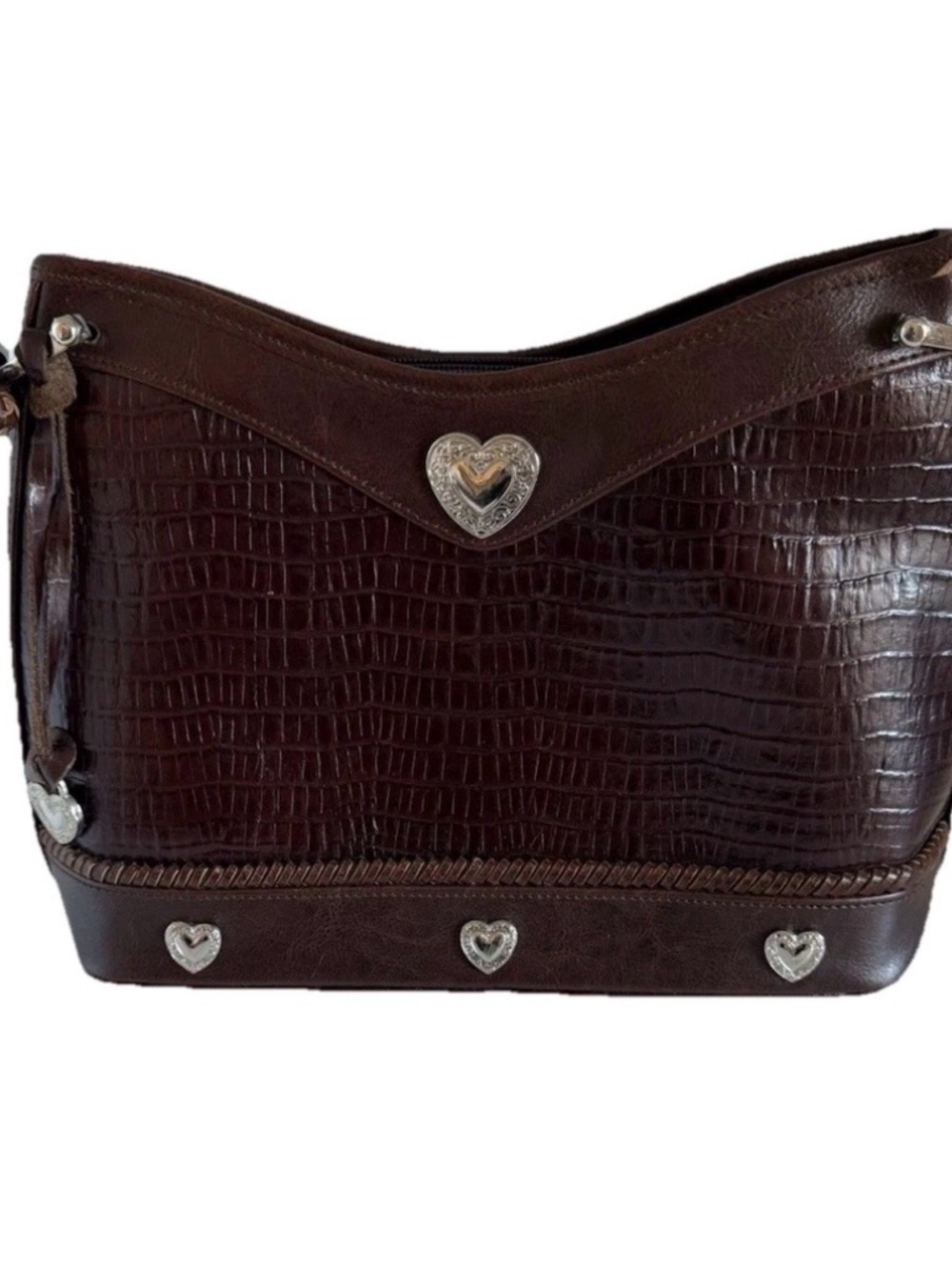 Brighton Brown Croc Emb Leather Tote 12.5”W 9”H 4”D Western Hobo Hippie Cowgirl